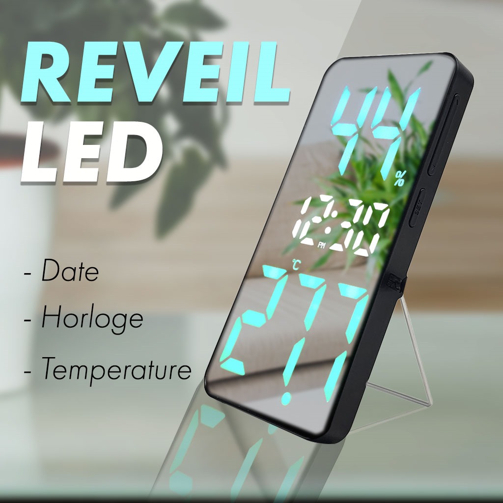 Réveil LED numérique à écran miroir rectangulaire Snooze Température Date Affichage DS-3825L 2