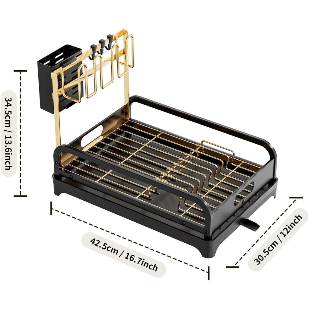 Égouttoir à Vaisselle Moderne avec Système de Drainage Réglable, Noir et Doré – مجفف أطباق عصري بنظام تصريف 4