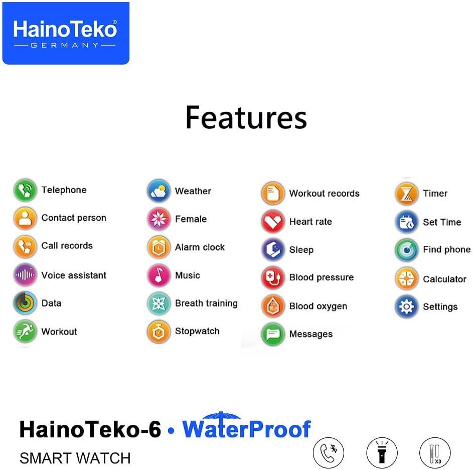 HainoTeko-6 avec écran AMOLED 3 paires de bracelets et lampe torche intégrée - ساعة ذكية أصلية - 1
