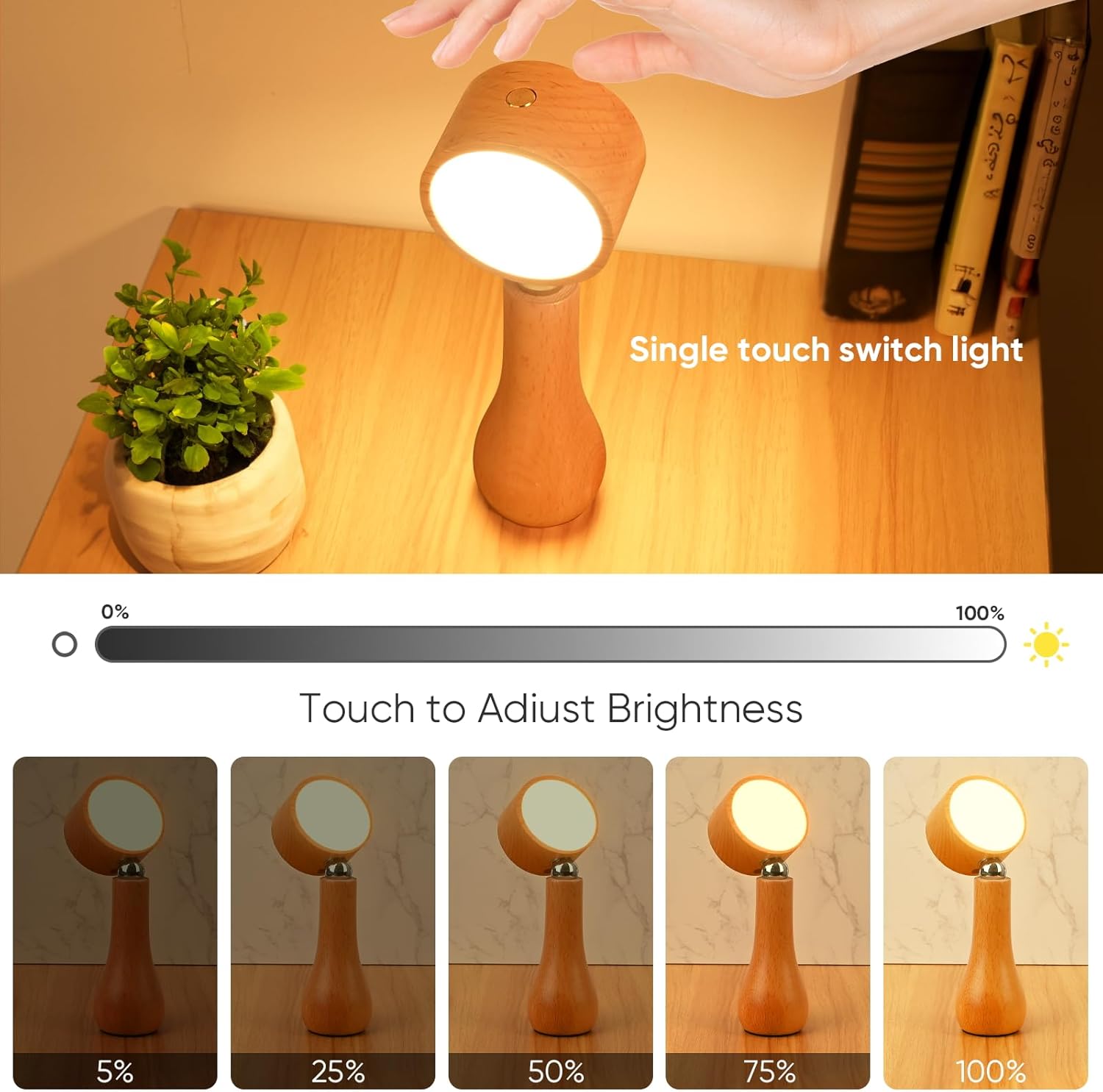 Lampe LED Motif en bois portable sans fil rechargeable à interrupteur tactile 4000K - مصباح مكتب يعمل باللمس