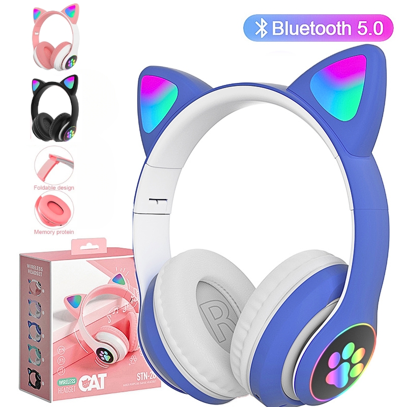 Casque stéréo Bluetooth sans fil oreilles de chat électroluminescents avec support carte TF 1
