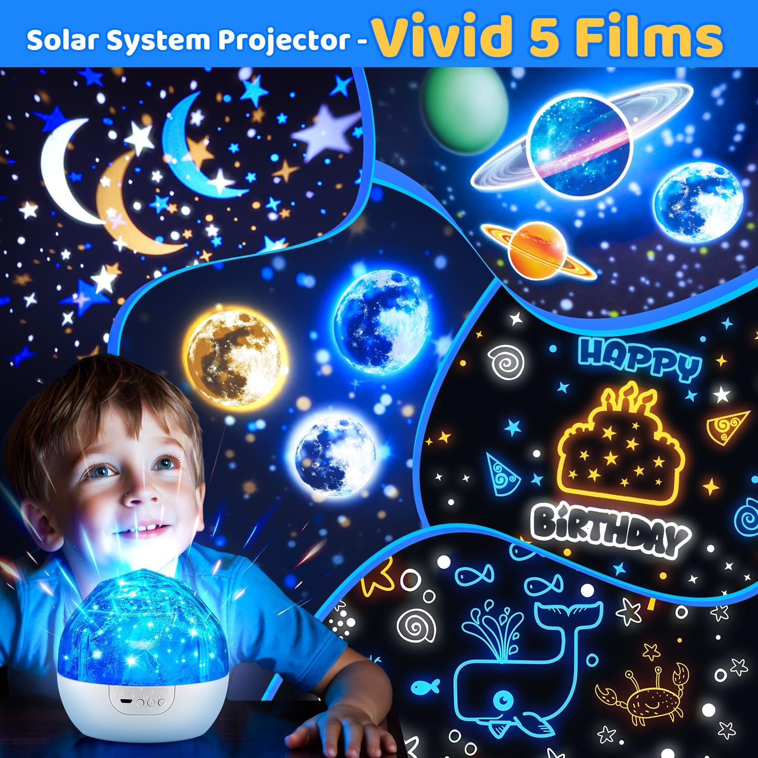 Projecteur Veilleuse Système Solaire pour Enfants Rotation à 360° + 5 Films Planètes - جهاز عرض النجوم "ستار-دريم" للأطفال - 5