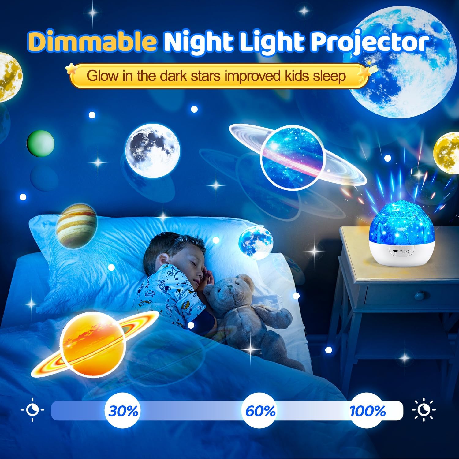 Projecteur Veilleuse Système Solaire pour Enfants Rotation à 360° + 5 Films Planètes - جهاز عرض النجوم "ستار-دريم" للأطفال 5