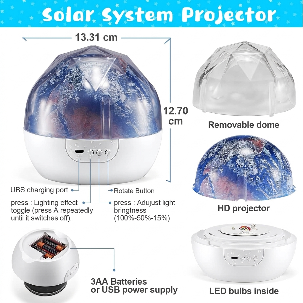 Projecteur Veilleuse Système Solaire pour Enfants Rotation à 360° + 5 Films Planètes - جهاز عرض النجوم "ستار-دريم" للأطفال 10