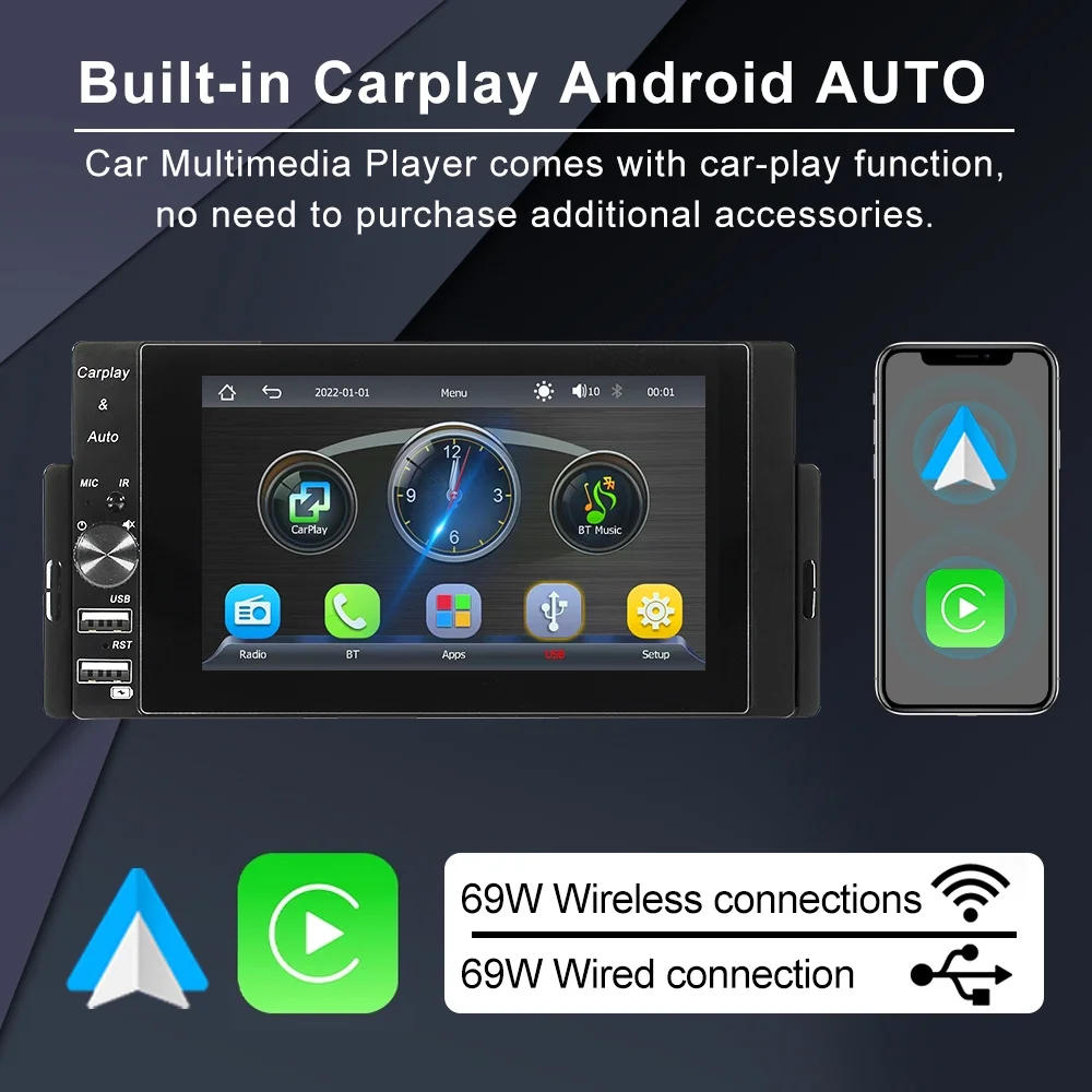 Autoradio 1 DIN MP5 Player Carplay et Android Auto Full HD - مشغل راديو للسيارة 9