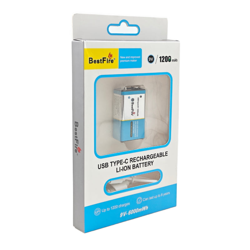 Pile rechargeable USB type C 9V 1200mWh en lithium BestFire - بطارية ليثيوم قابلة لإعادة الشحن
