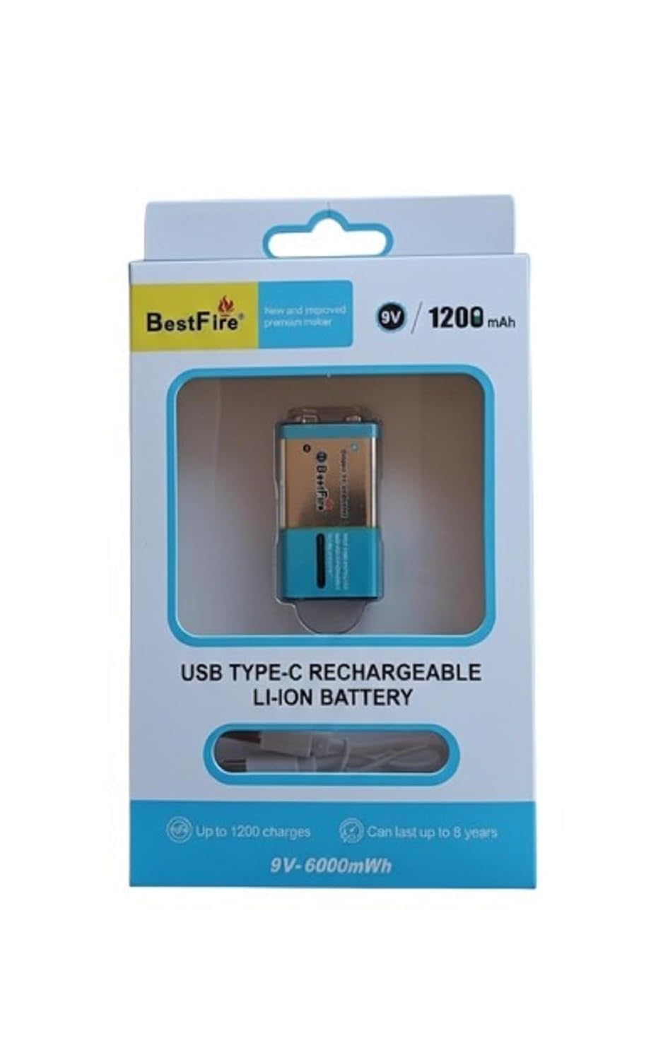 Pile rechargeable USB type C 9V 1200mWh en lithium BestFire - بطارية ليثيوم قابلة لإعادة الشحن - 12