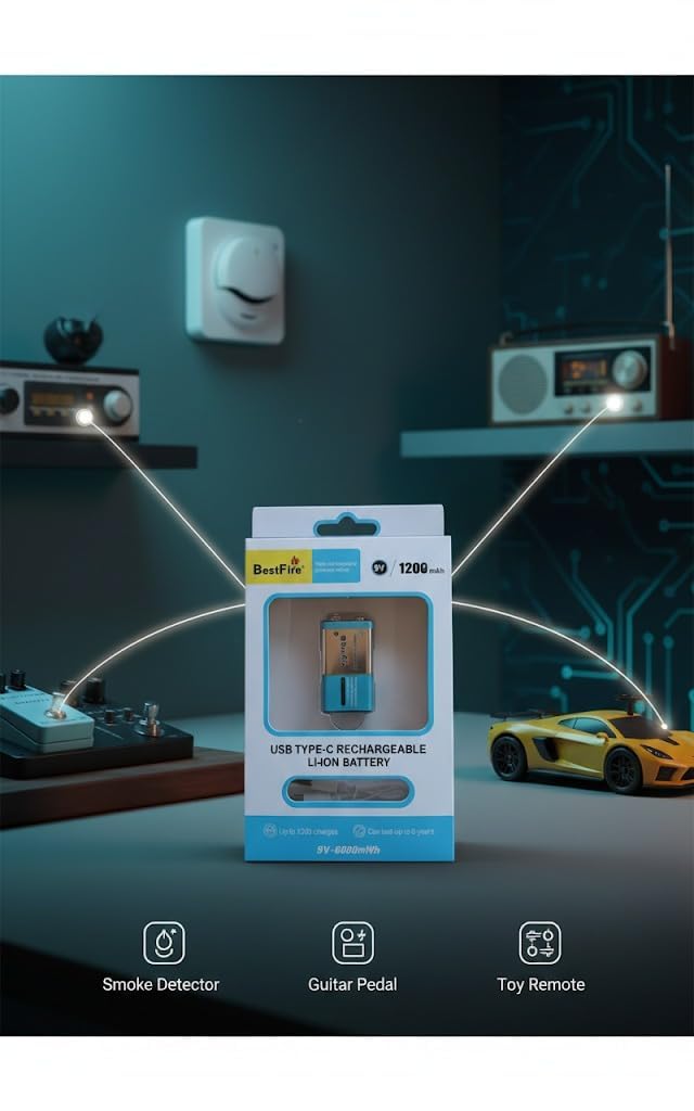 Pile rechargeable USB type C 9V 1200mWh en lithium BestFire - بطارية ليثيوم قابلة لإعادة الشحن - 1