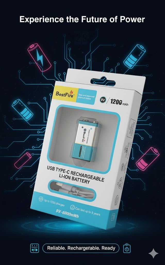 Pile rechargeable USB type C 9V 1200mWh en lithium BestFire - بطارية ليثيوم قابلة لإعادة الشحن - 2
