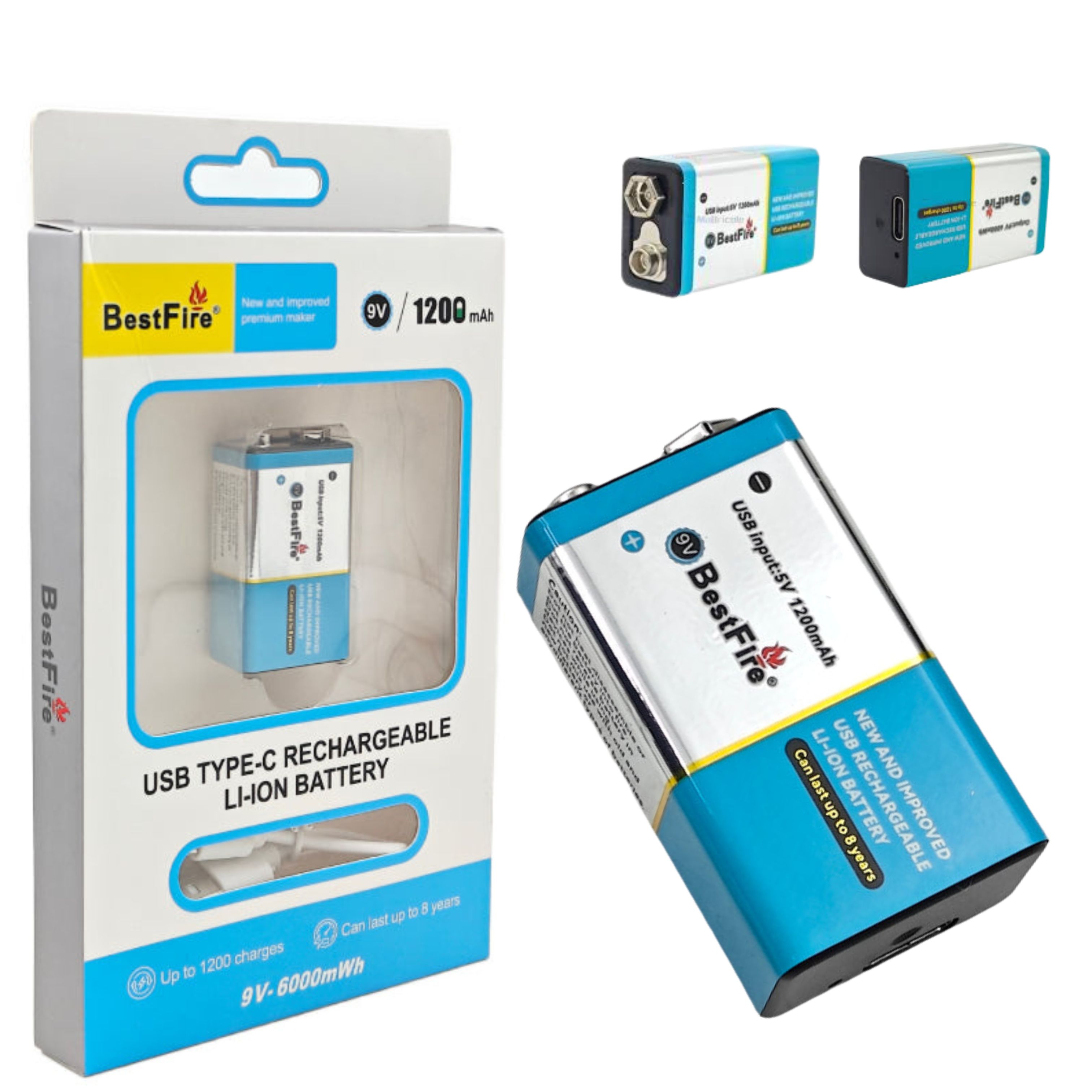 Pile rechargeable USB type C 9V 1200mWh en lithium BestFire - بطارية ليثيوم قابلة لإعادة الشحن 1