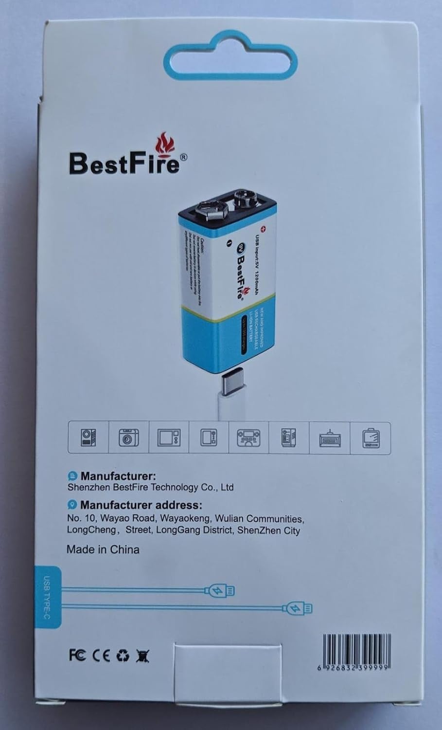Pile rechargeable USB type C 9V 1200mWh en lithium BestFire - بطارية ليثيوم قابلة لإعادة الشحن - 10