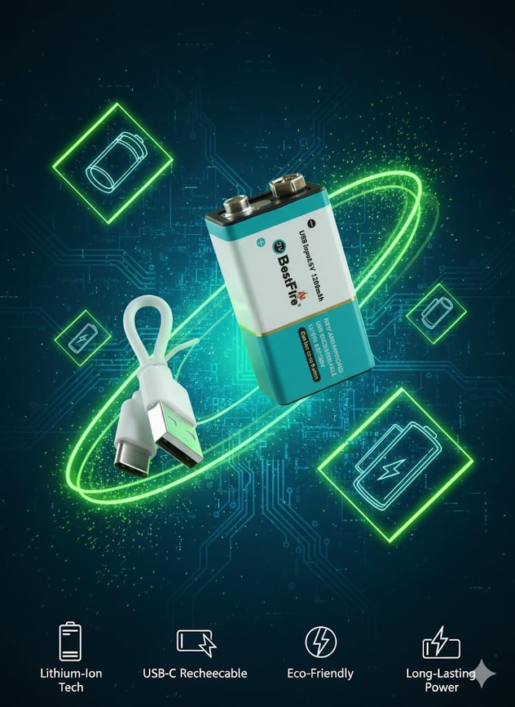 Pile rechargeable USB type C 9V 1200mWh en lithium BestFire - بطارية ليثيوم قابلة لإعادة الشحن - 3