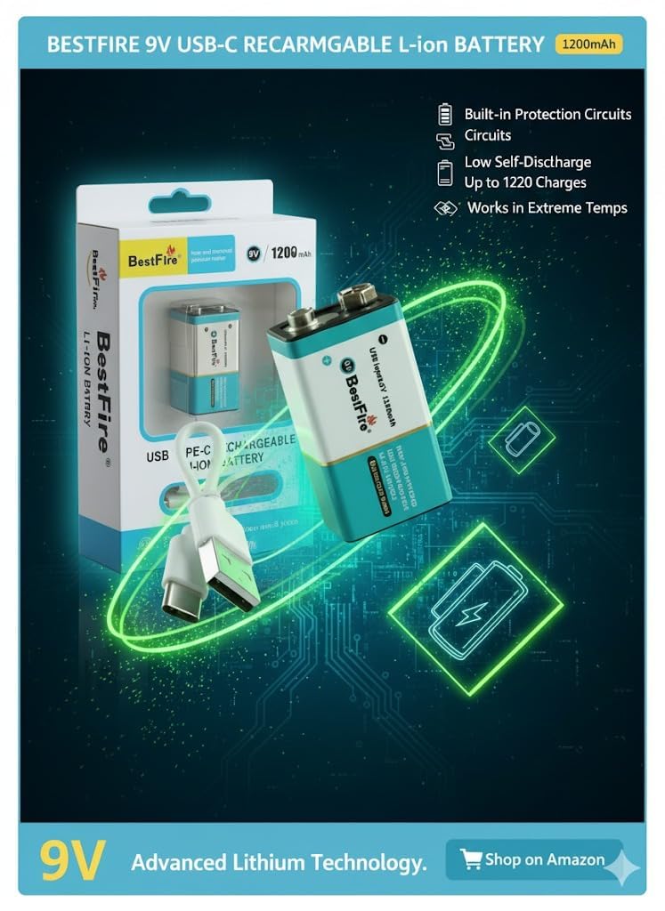 Pile rechargeable USB type C 9V 1200mWh en lithium BestFire - بطارية ليثيوم قابلة لإعادة الشحن - 2