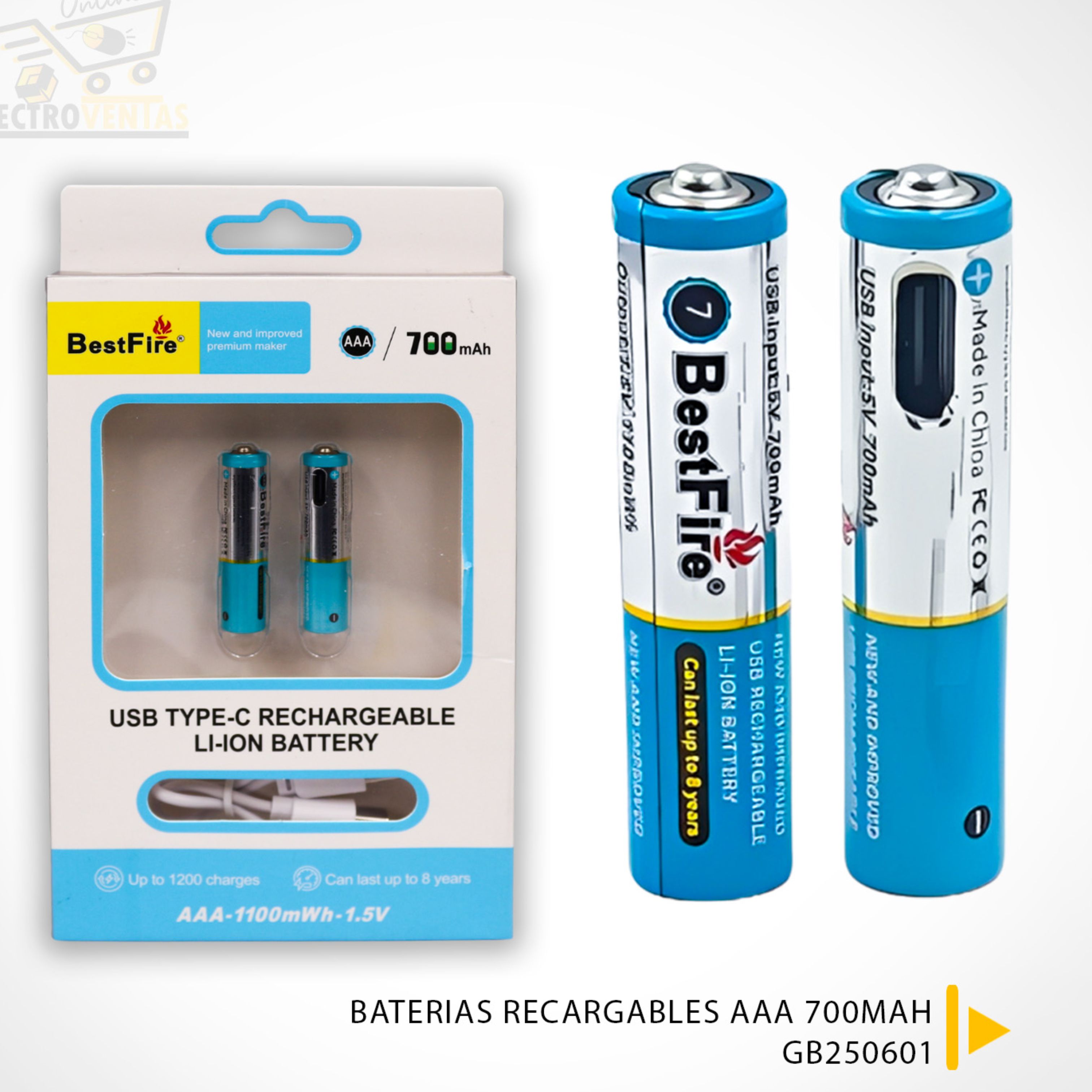 Pile rechargeable USB type C AAA 700mWh en lithium BestFire - بطارية ليثيوم قابلة لإعادة الشحن - 1