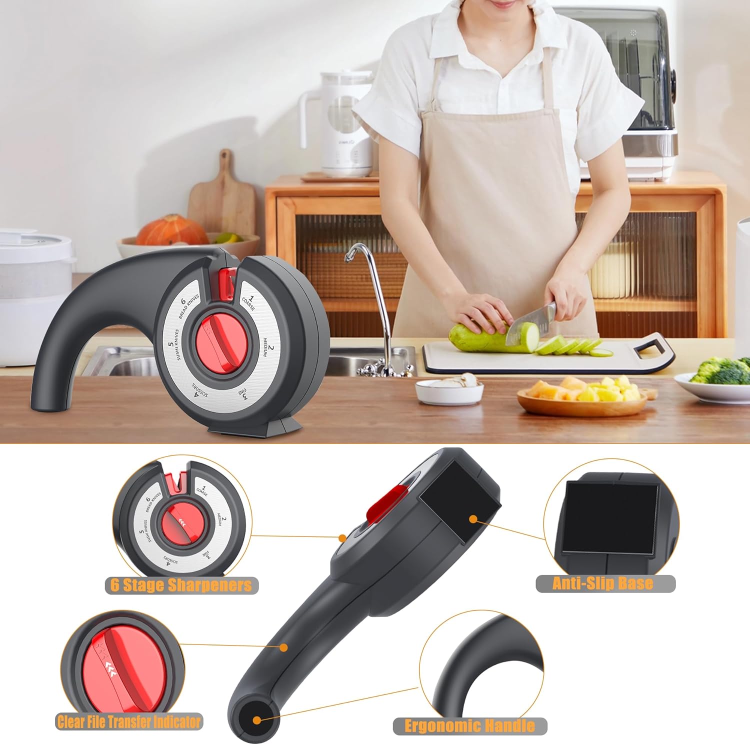 Aiguiseur de couteaux de cuisine 6 en 1 avec bouton rotatif multifonction - مسن سكاكين - 4