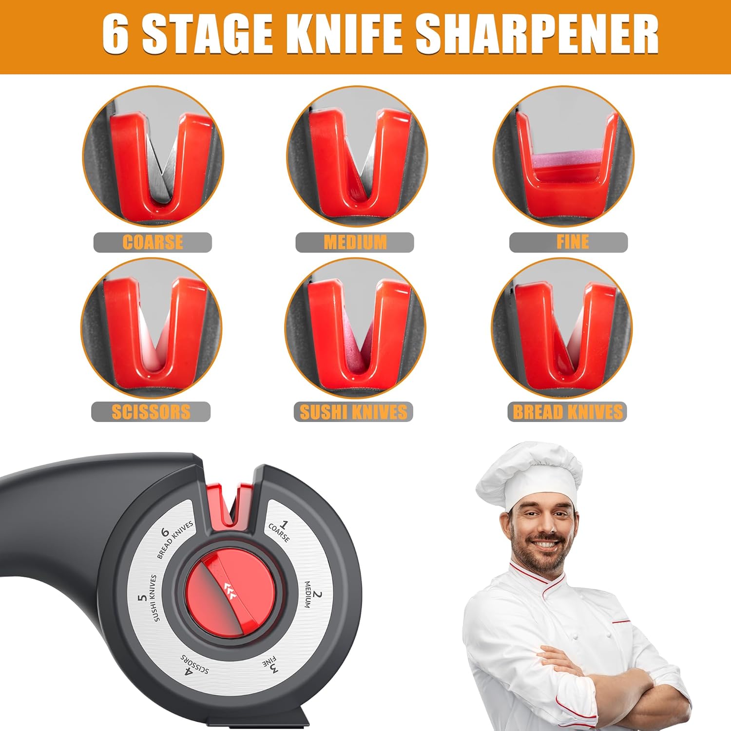 Aiguiseur de couteaux de cuisine 6 en 1 avec bouton rotatif multifonction - مسن سكاكين 4