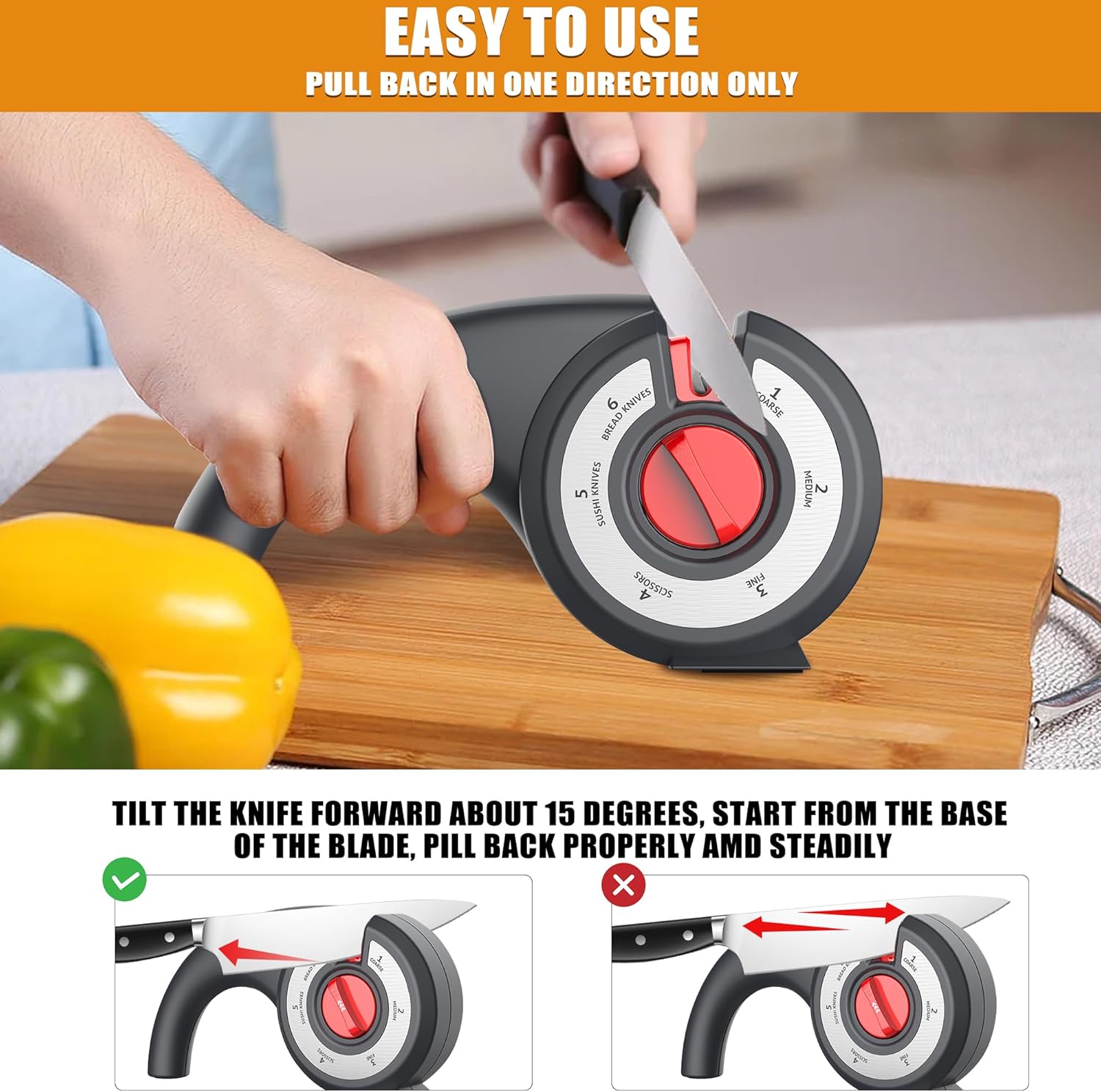 Aiguiseur de couteaux de cuisine 6 en 1 avec bouton rotatif multifonction - مسن سكاكين 8