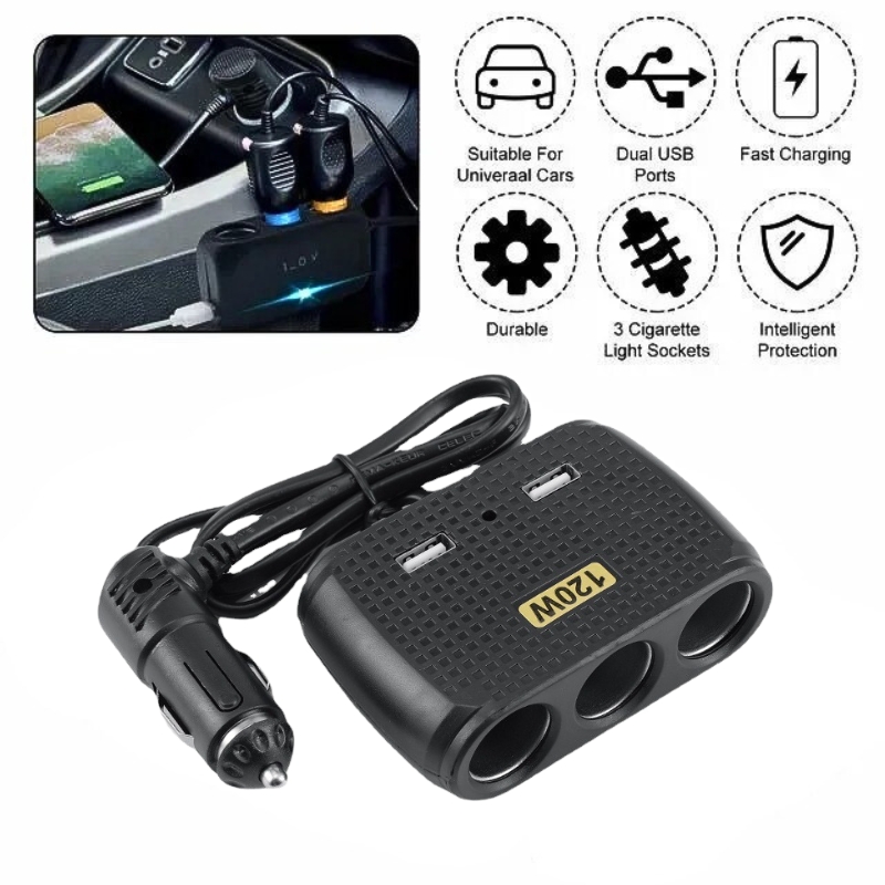 Chargeur de voiture avec 2 USB et 3 allume ci-gare 5V - 4