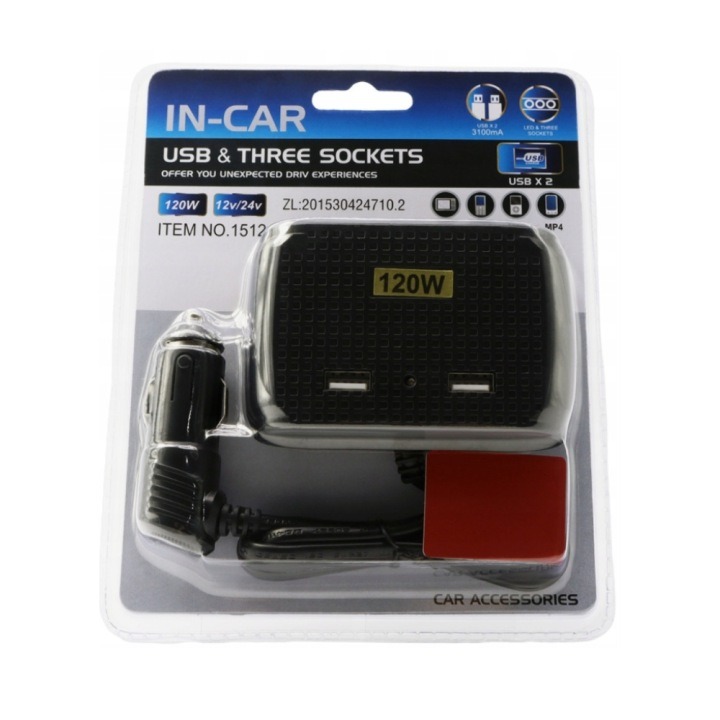 Chargeur de voiture avec 2 USB et 3 allume ci-gare 5V - 12