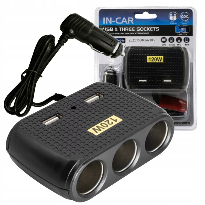 Chargeur de voiture avec 2 USB et 3 allume ci-gare 5V 1