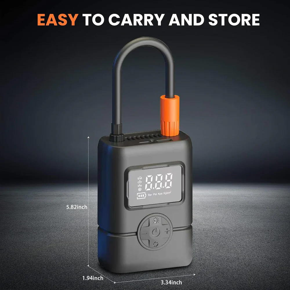 Gonfleur de pneus portable sans fil avec manomètre, arrêt automatique et lumière LED - جهاز ضغط العجلات محمول 4