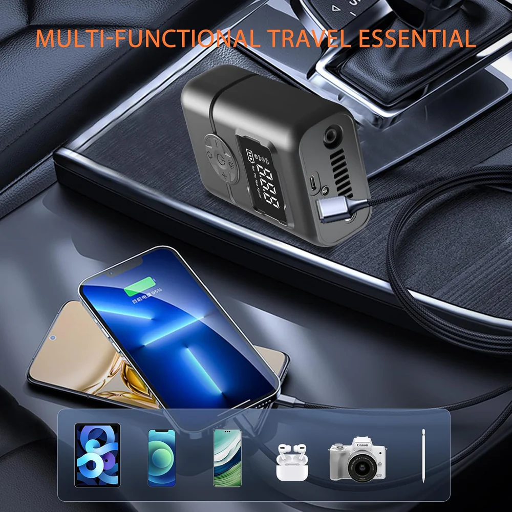 Gonfleur de pneus portable sans fil avec manomètre, arrêt automatique et lumière LED - جهاز ضغط العجلات محمول