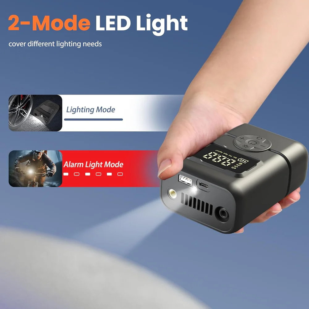 Gonfleur de pneus portable sans fil avec manomètre, arrêt automatique et lumière LED - جهاز ضغط العجلات محمول 4