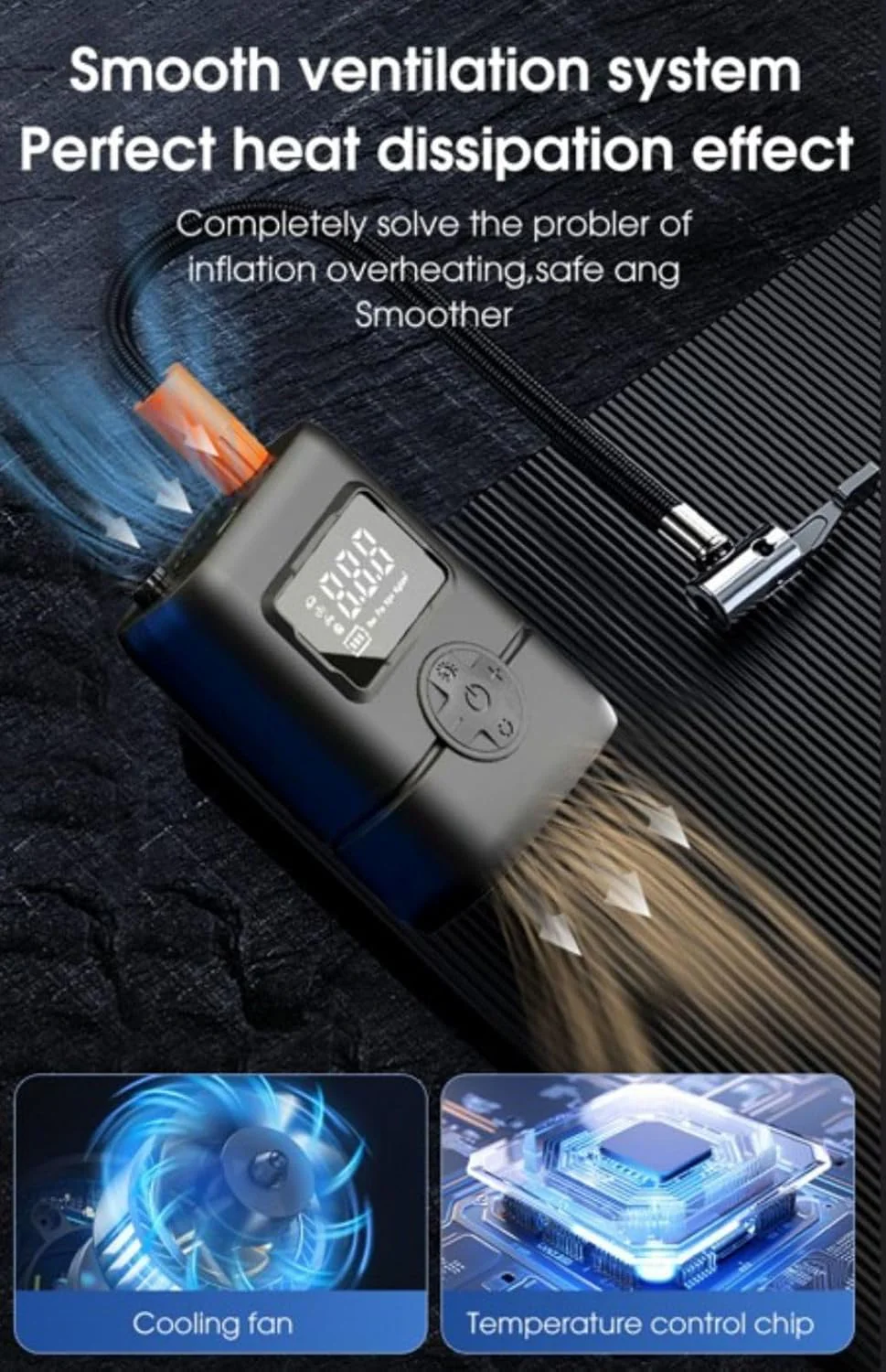 Gonfleur de pneus portable sans fil avec manomètre, arrêt automatique et lumière LED - جهاز ضغط العجلات محمول - 7