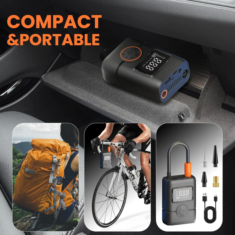 Gonfleur de pneus portable sans fil avec manomètre, arrêt automatique et lumière LED - جهاز ضغط العجلات محمول 5