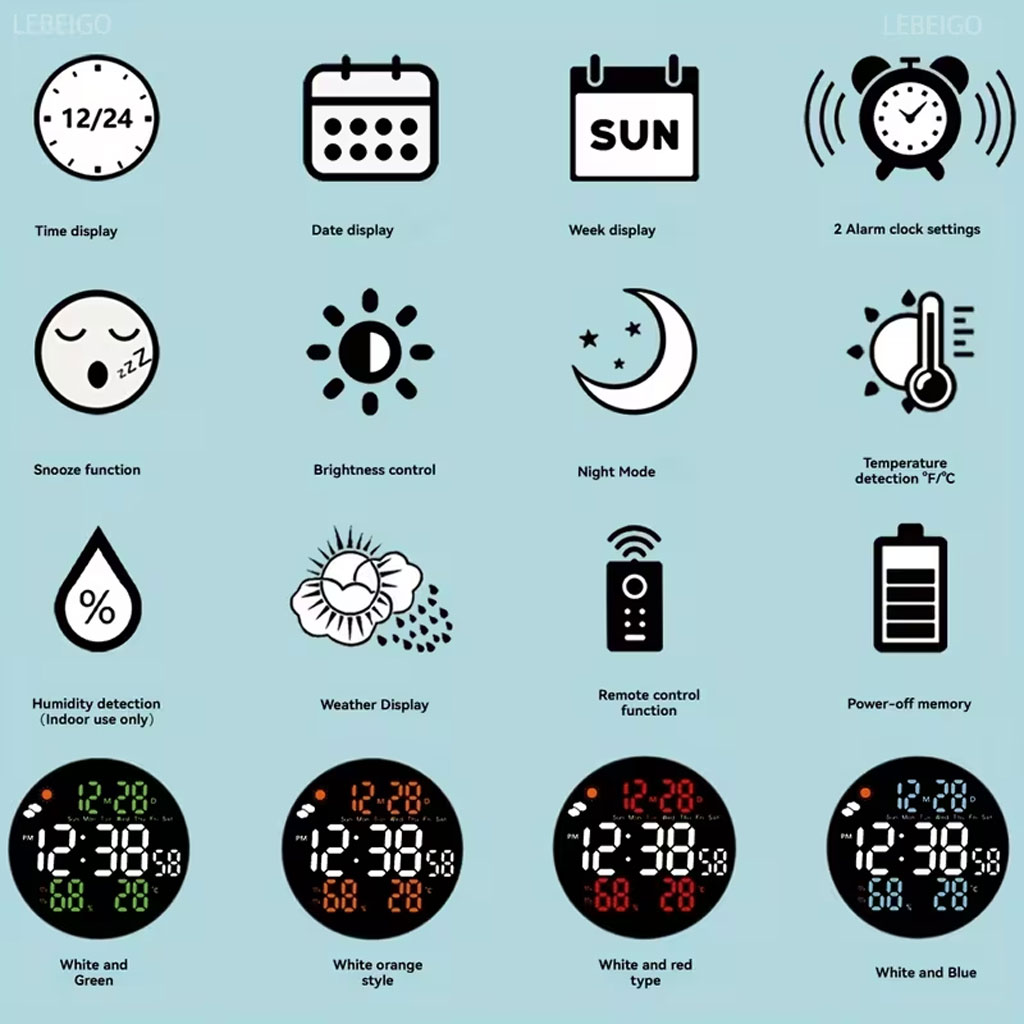 Horloge murale ronde avec télécommande et grand écran LED numérique DS-3853L - ساعة حائط دائرية تعمل بجهاز تحكم عن بعد مزودة بإضاءة رقمية 6