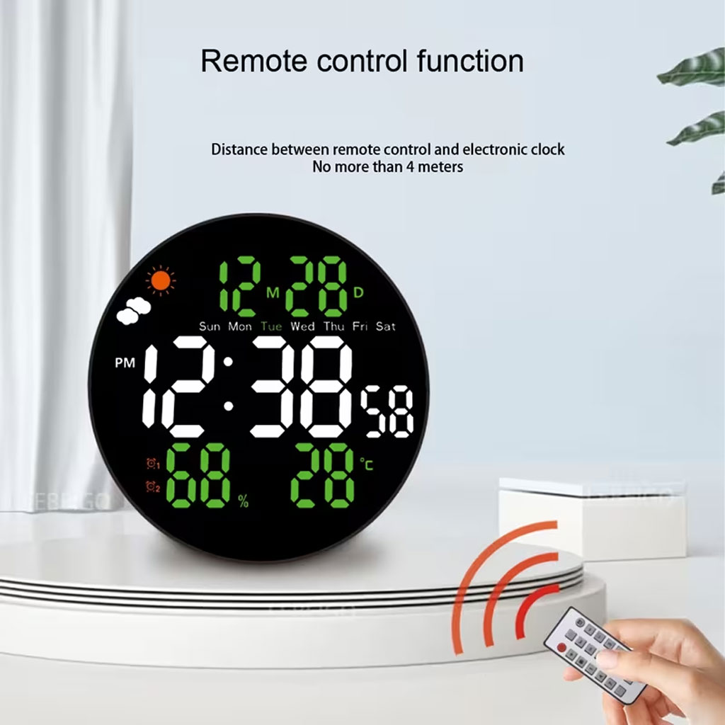 Horloge murale ronde avec télécommande et grand écran LED numérique DS-3853L - ساعة حائط دائرية تعمل بجهاز تحكم عن بعد مزودة بإضاءة رقمية 12