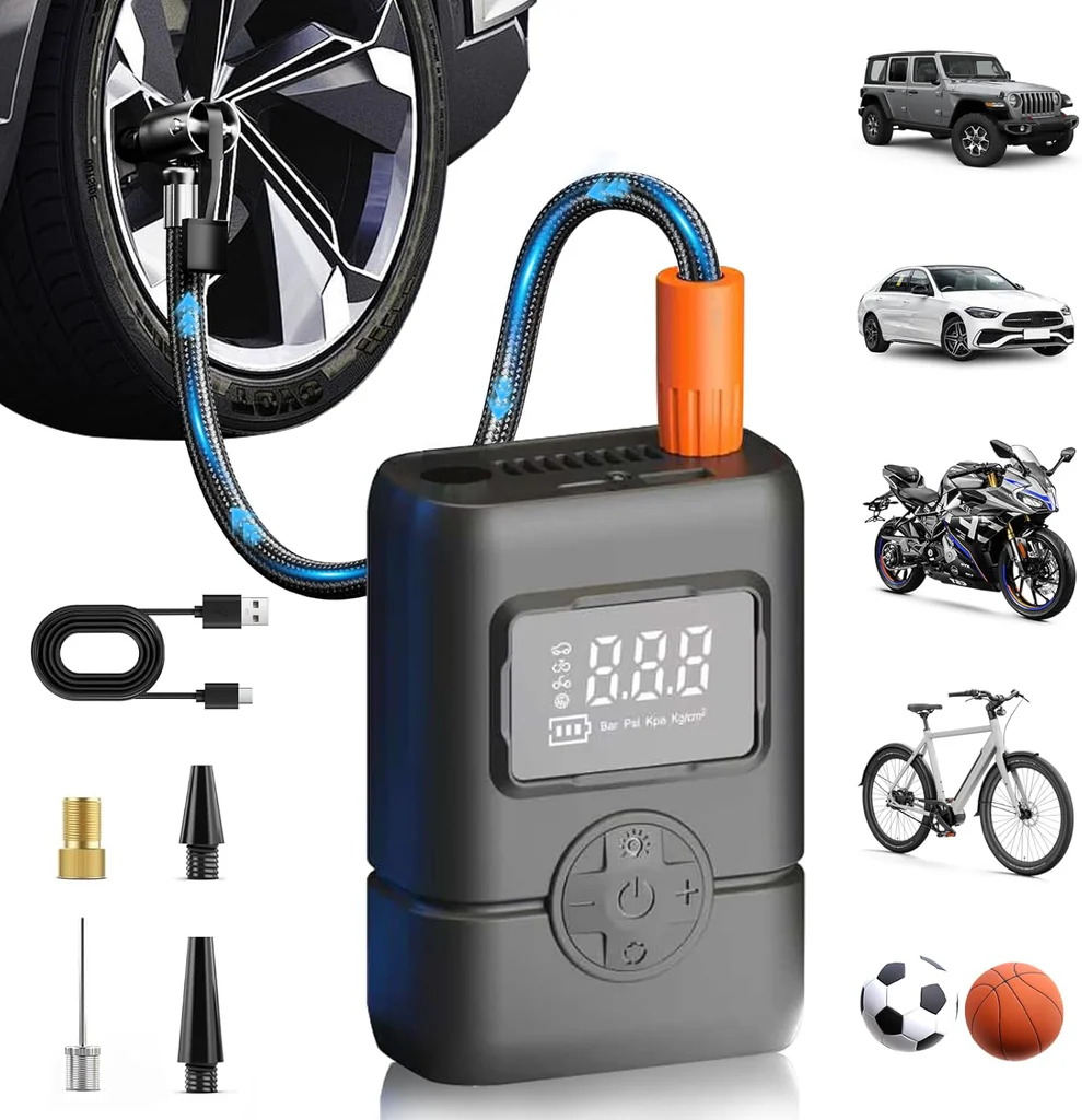 Gonfleur de pneus portable sans fil avec manomètre, arrêt automatique et lumière LED - جهاز ضغط العجلات محمول video