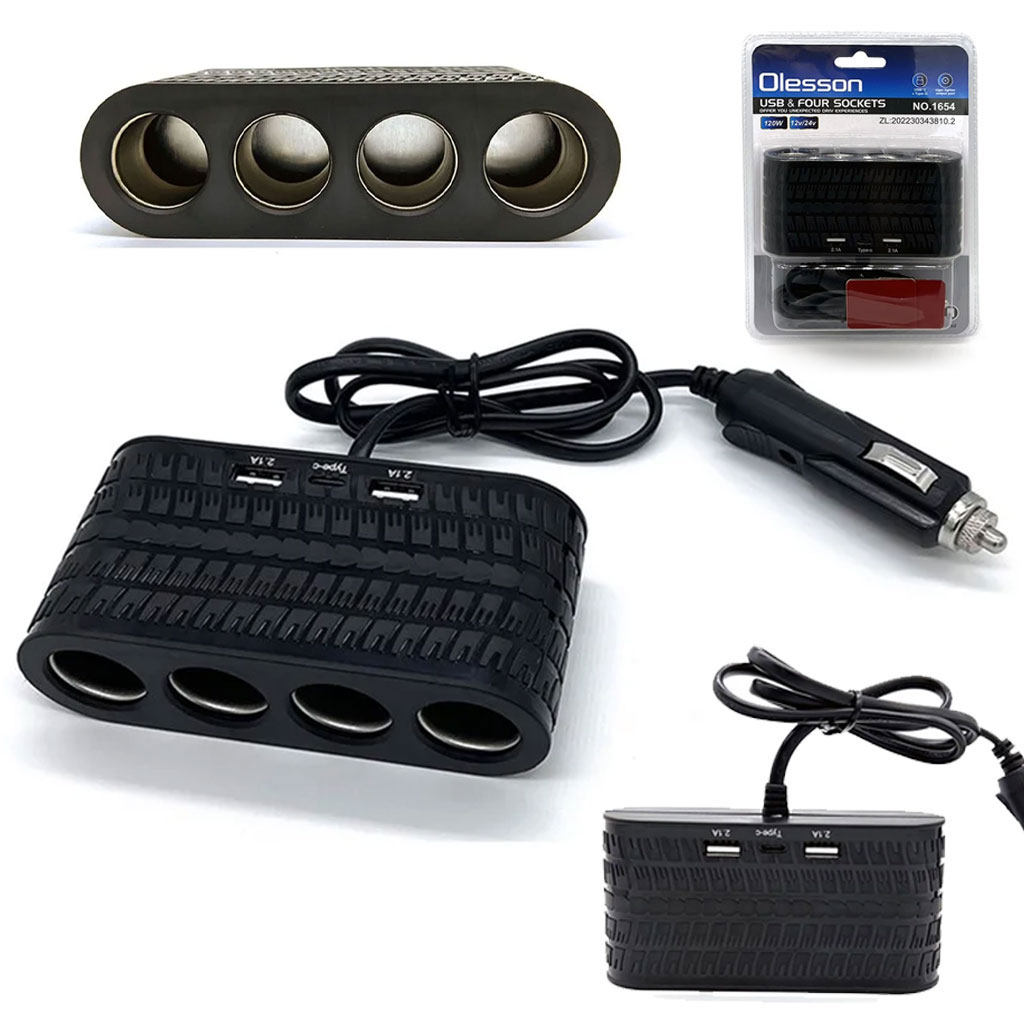 OLESSON 1654 Chargeur de Voiture 4 Sockets Lighter Ci-garette 2 Adaptateur de Charge USB + 1 Type-C 1