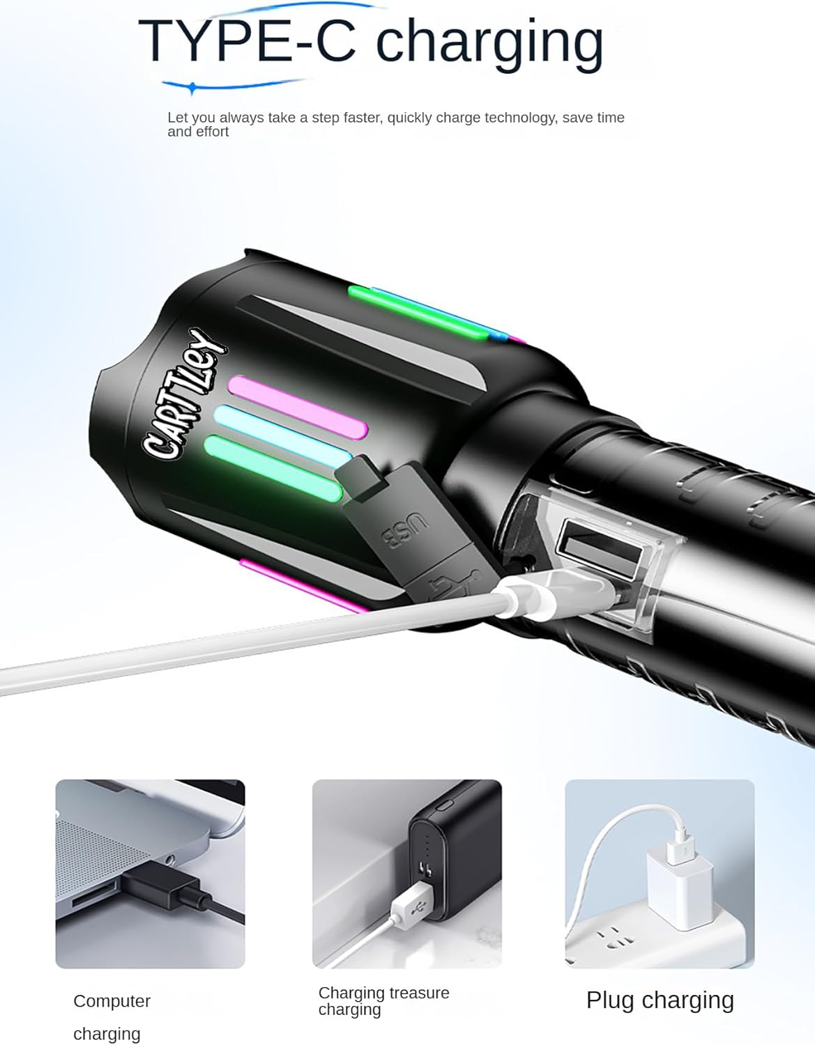Lampe Torche Tactique LED Rechargeable USB-C - مصباح يدوي تكتيكي فائق السطوع (1000 لومين) مع إضاءة جانبية - 5