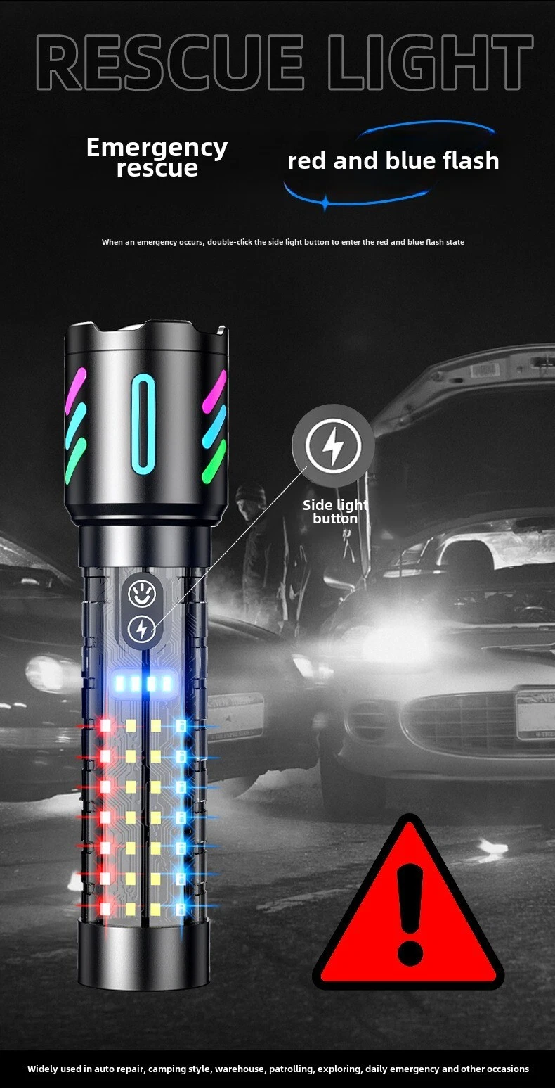 Lampe Torche Tactique LED Rechargeable USB-C - مصباح يدوي تكتيكي فائق السطوع (1000 لومين) مع إضاءة جانبية - 14