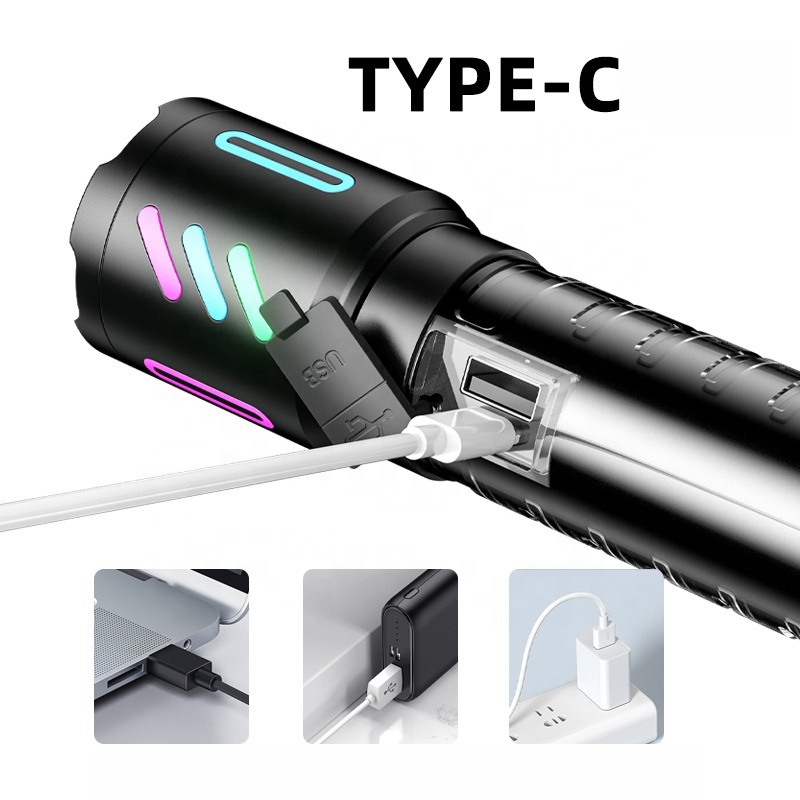 Lampe Torche Tactique LED Rechargeable USB-C - مصباح يدوي تكتيكي فائق السطوع (1000 لومين) مع إضاءة جانبية 6