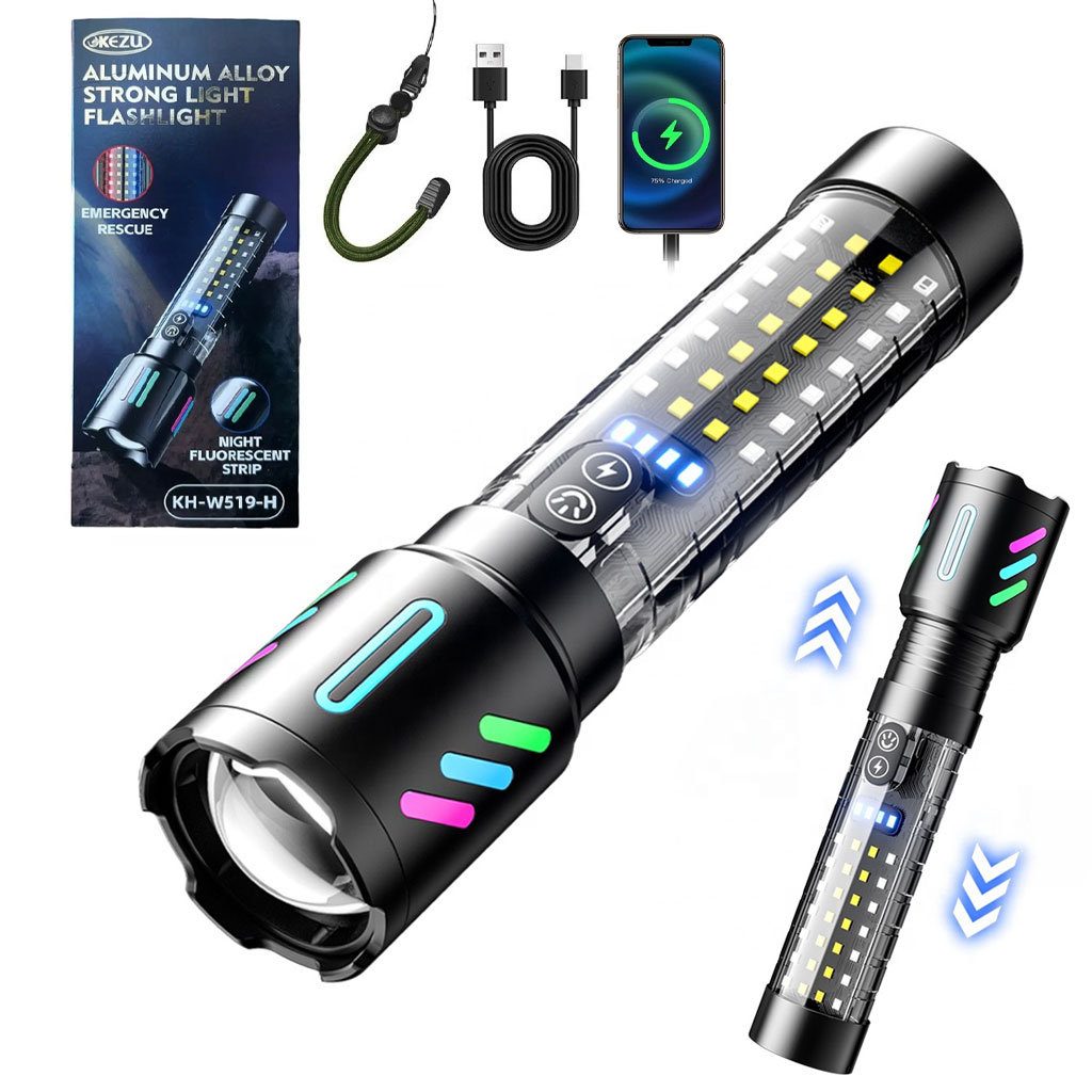 Lampe Torche Tactique LED Rechargeable USB-C - مصباح يدوي تكتيكي فائق السطوع (1000 لومين) مع إضاءة جانبية 2
