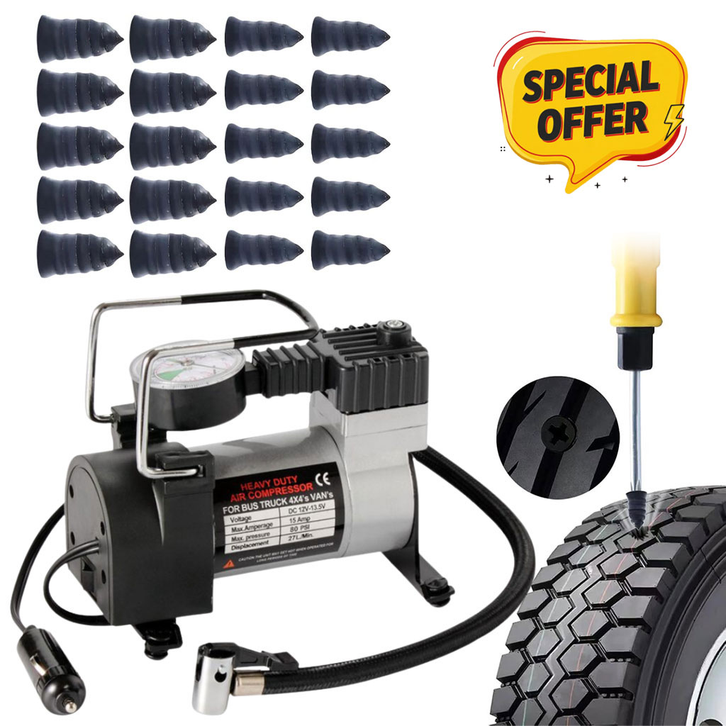 Pack Gonfleur de pneu DC 12V et Lot de 20 clous de réparation - عرض خاص نافخ عجلات وطقم تصليح الثقوب 1