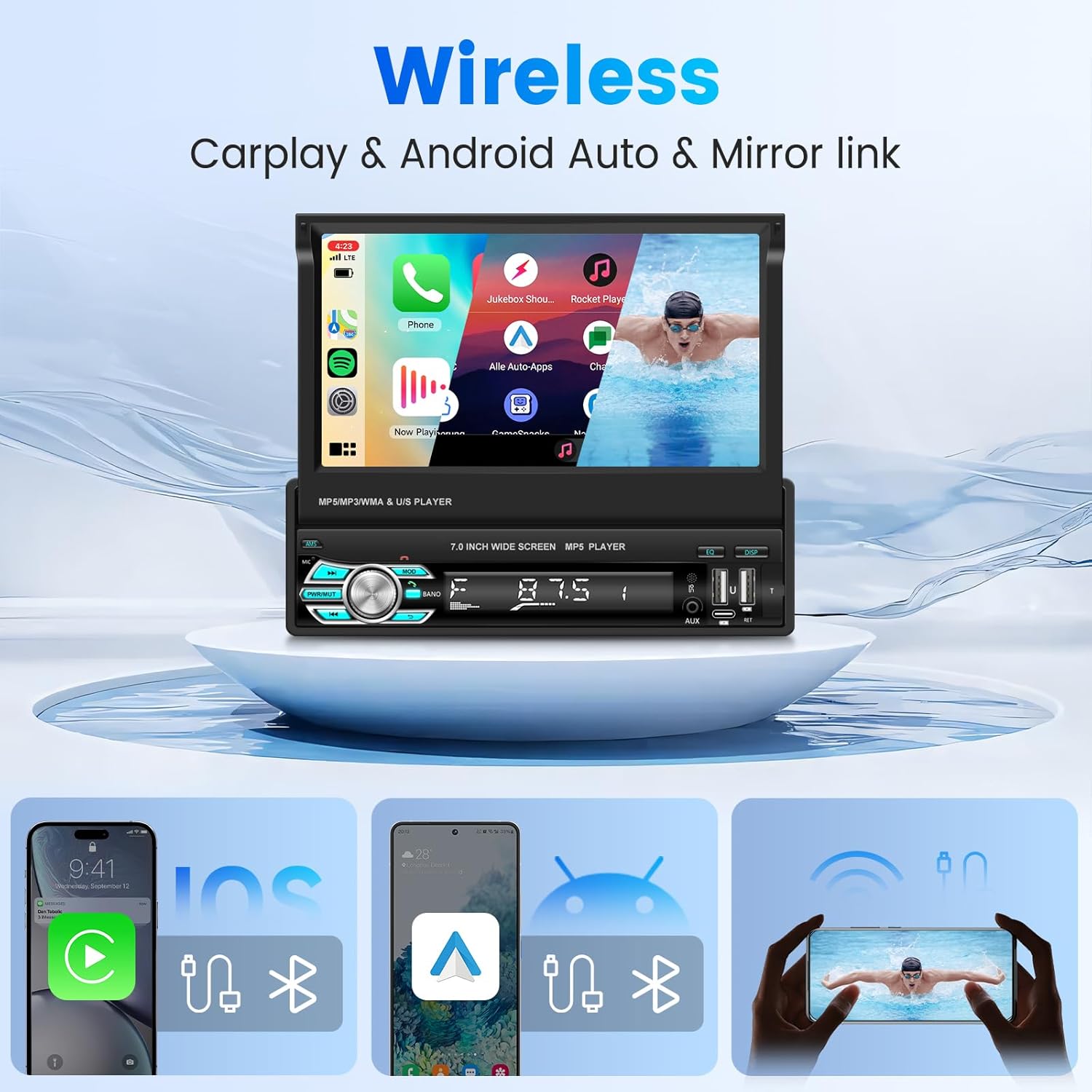 Autoradio Rétractable Tactile 7 Pouces Wireless CarPlay Android Auto 32+2GB - راديو السيارة الذكي بنظام أندرويد وشاشة 7 بوصة قابلة للطي - 1