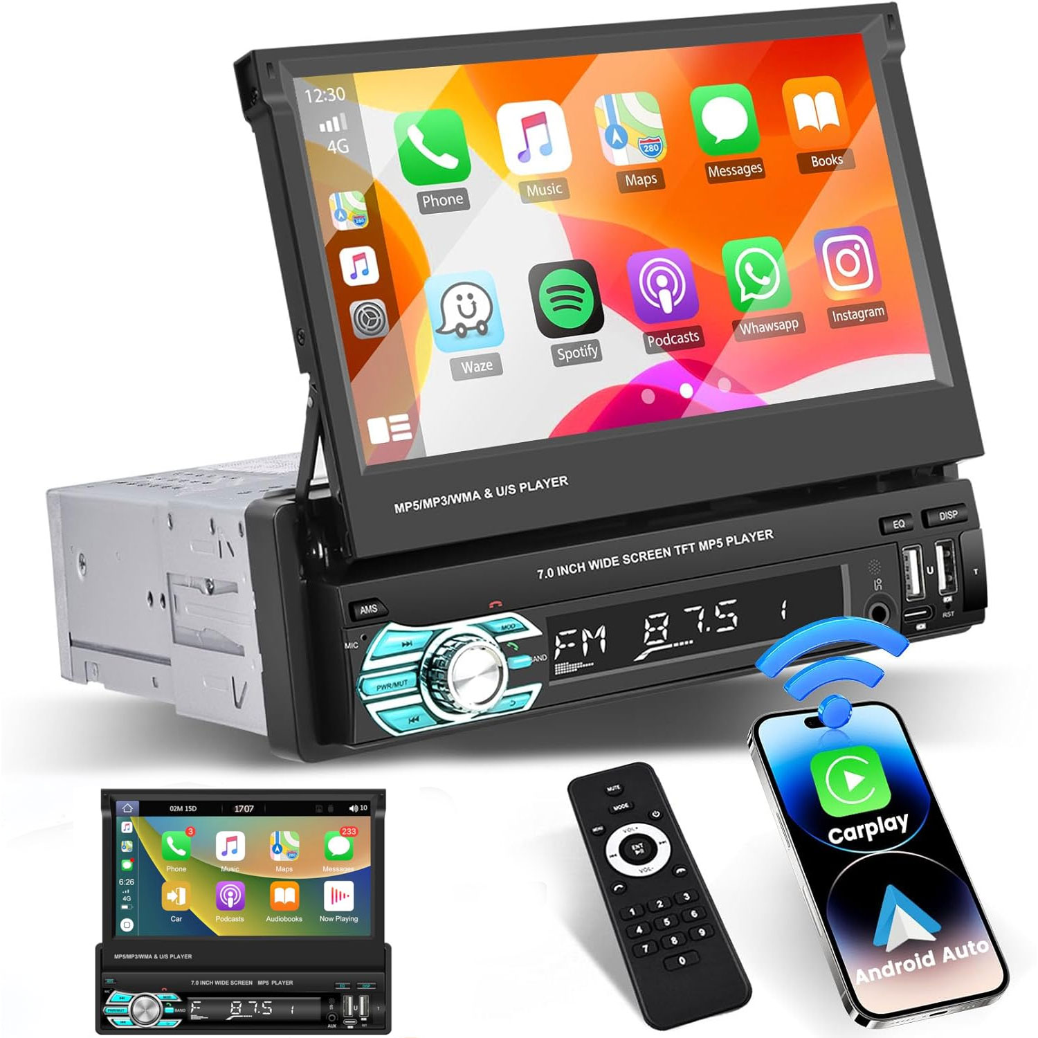 Autoradio Rétractable Tactile 7 Pouces Wireless CarPlay Android Auto 32+2GB - راديو السيارة الذكي بنظام أندرويد وشاشة 7 بوصة قابلة للطي 2