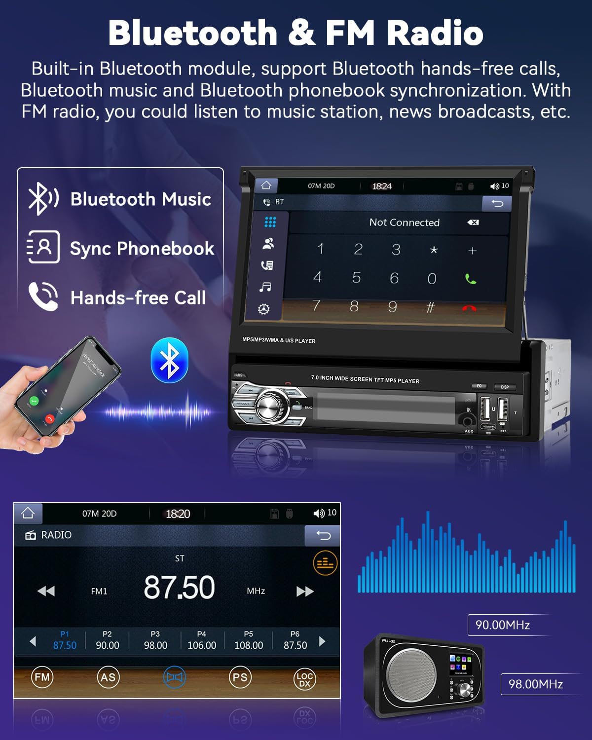 Autoradio Rétractable Tactile 7 Pouces Wireless CarPlay Android Auto 32+2GB - راديو السيارة الذكي بنظام أندرويد وشاشة 7 بوصة قابلة للطي - 3