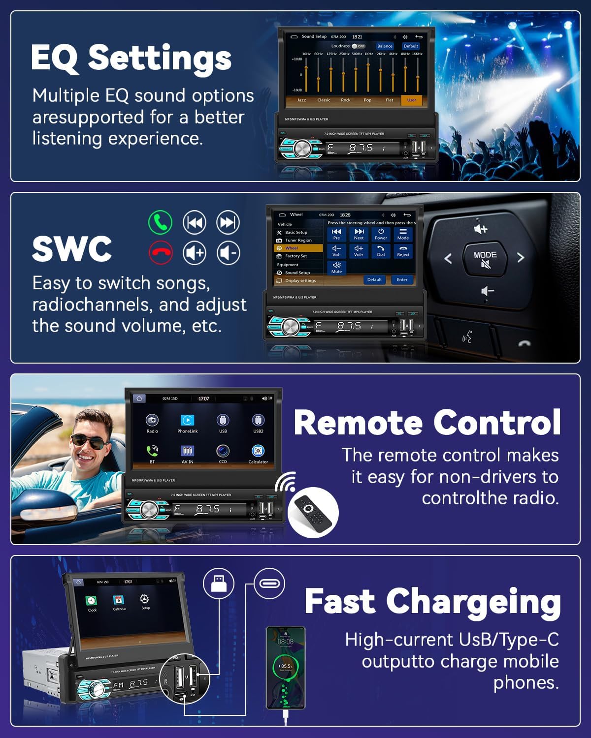 Autoradio Rétractable Tactile 7 Pouces Wireless CarPlay Android Auto 32+2GB - راديو السيارة الذكي بنظام أندرويد وشاشة 7 بوصة قابلة للطي - 5