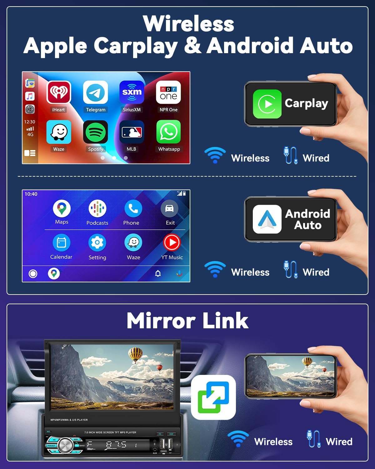 Autoradio Rétractable Tactile 7 Pouces Wireless CarPlay Android Auto 32+2GB - راديو السيارة الذكي بنظام أندرويد وشاشة 7 بوصة قابلة للطي 8