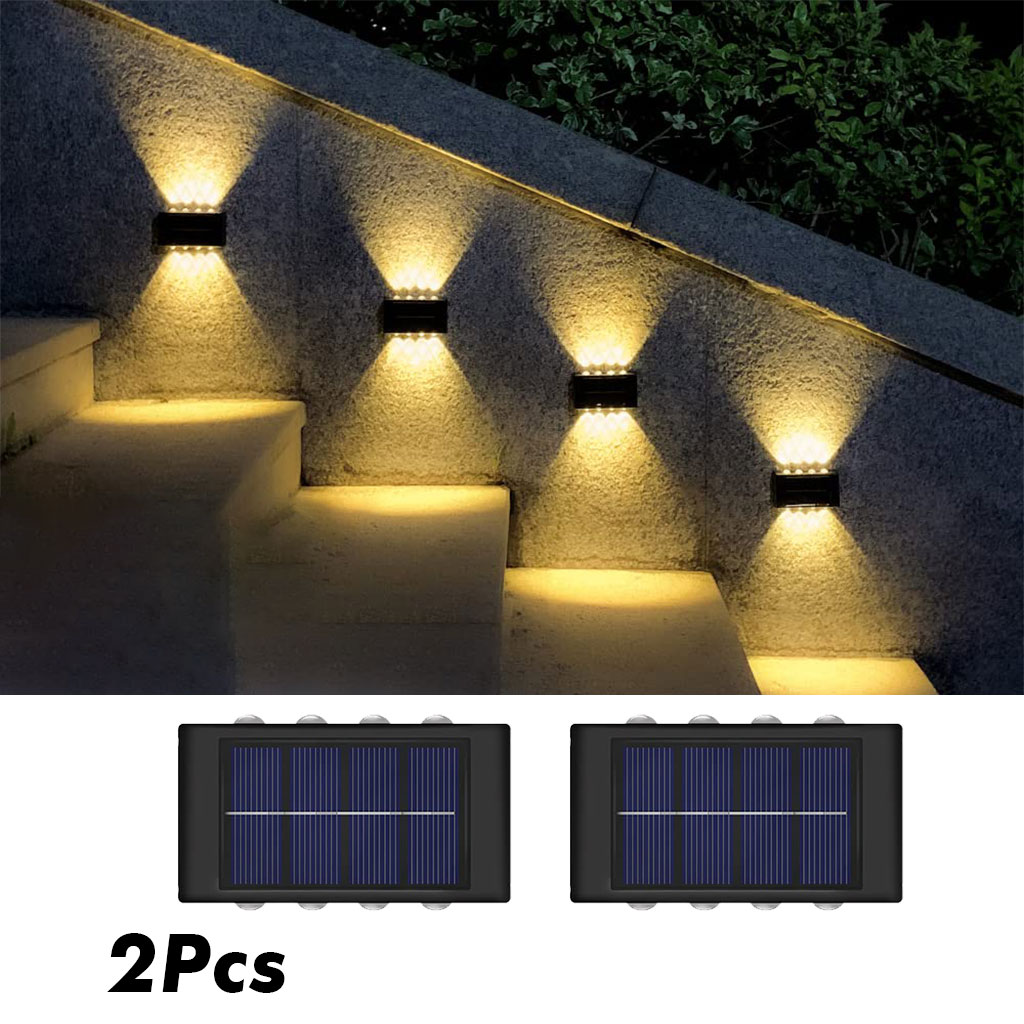 2 Pcs Applique murale solaire 8 LED, décoration extérieure de jardin, haute luminosité, éclairage lumineux haut et bas 1