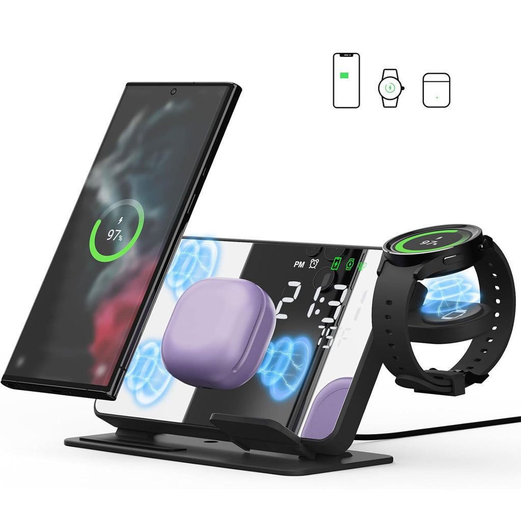 Chargeur sans fil 4 en 1 et station de charge ultra rapide avec Miroir Réveil integré 1