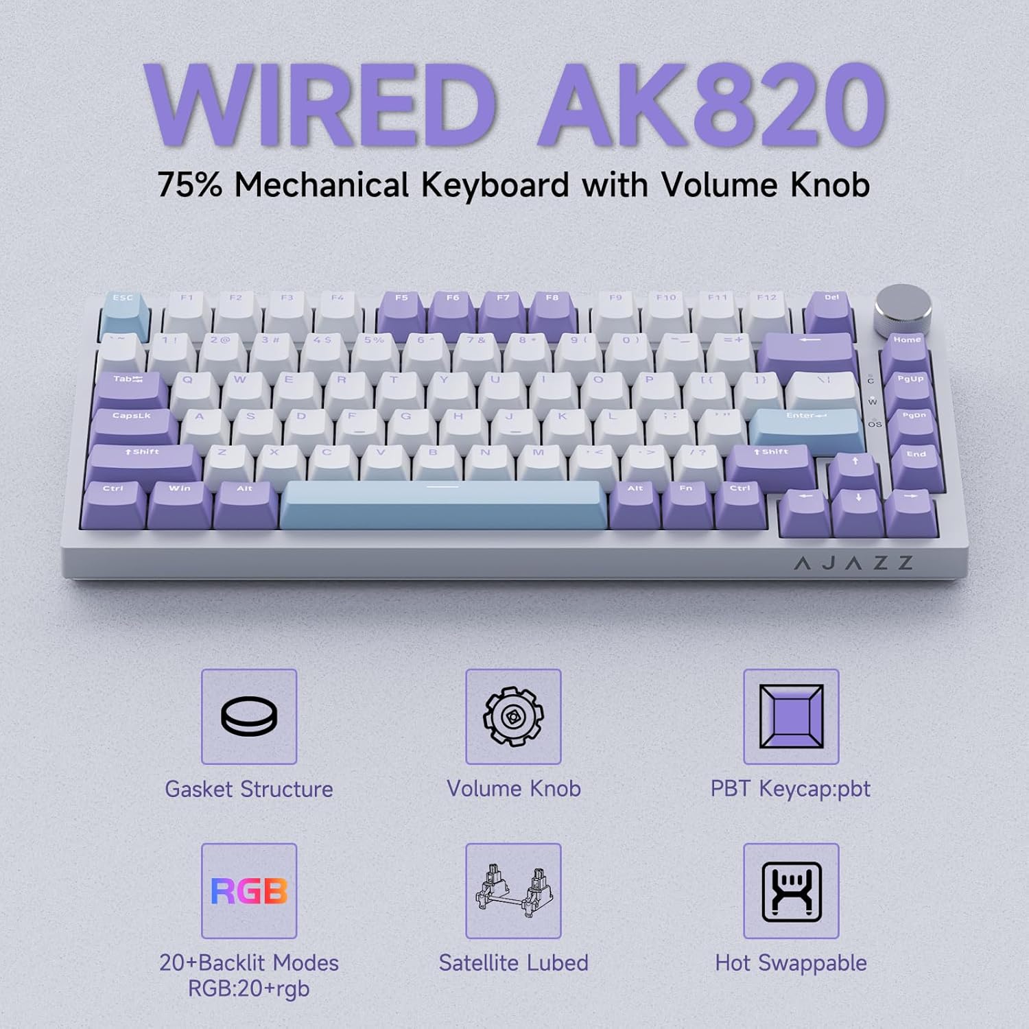 Clavier Mécanique Ajazz AK820 Purple avec Bouton de Volume et Structure Gasket - لوحة مفاتيح ميكانيكية 4