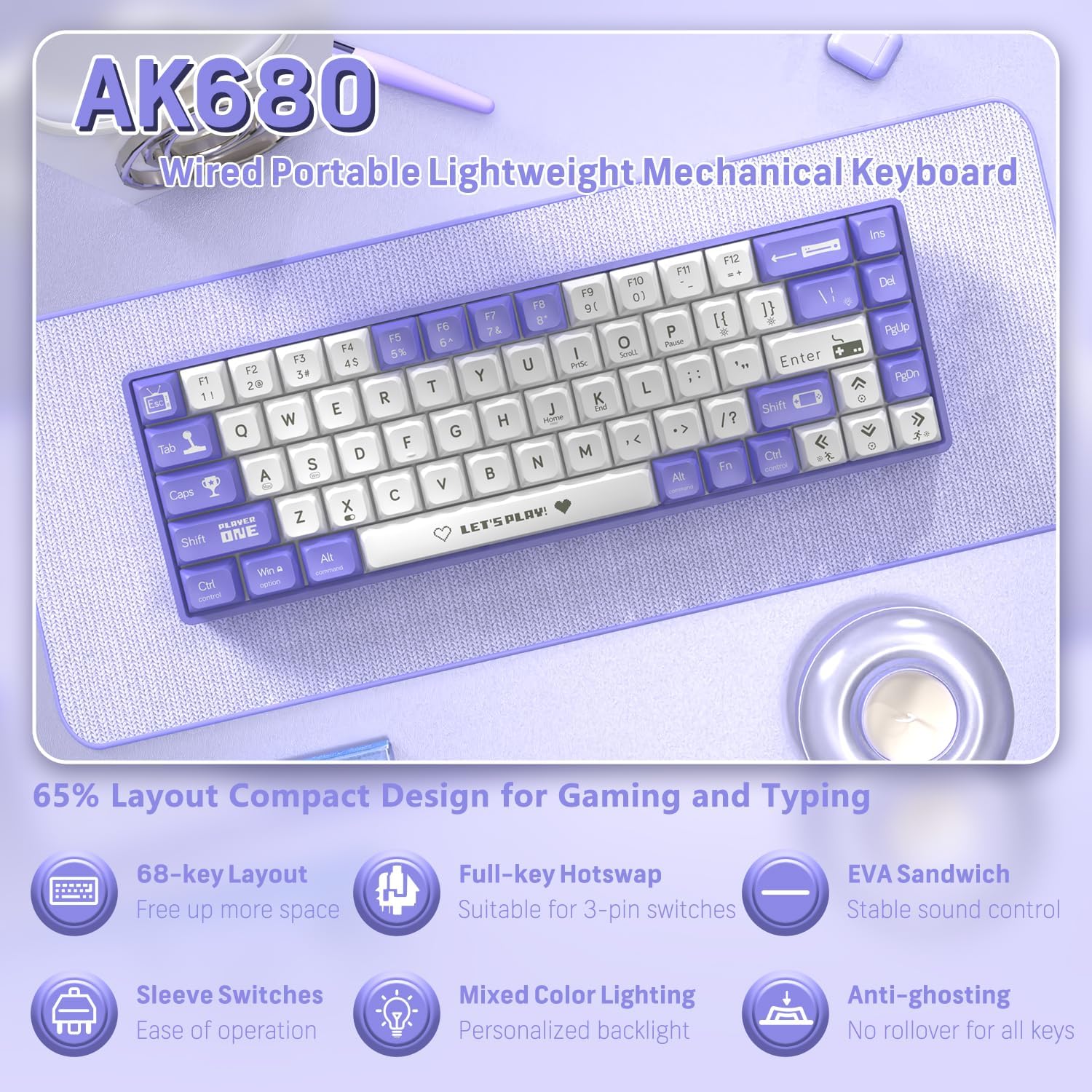 Clavier Mécanique Gaming AK680 65% Compact Filaire avec Hotswap et Rétroéclairage Rainbow - لوحة مفاتيح ميكانيكية - 6