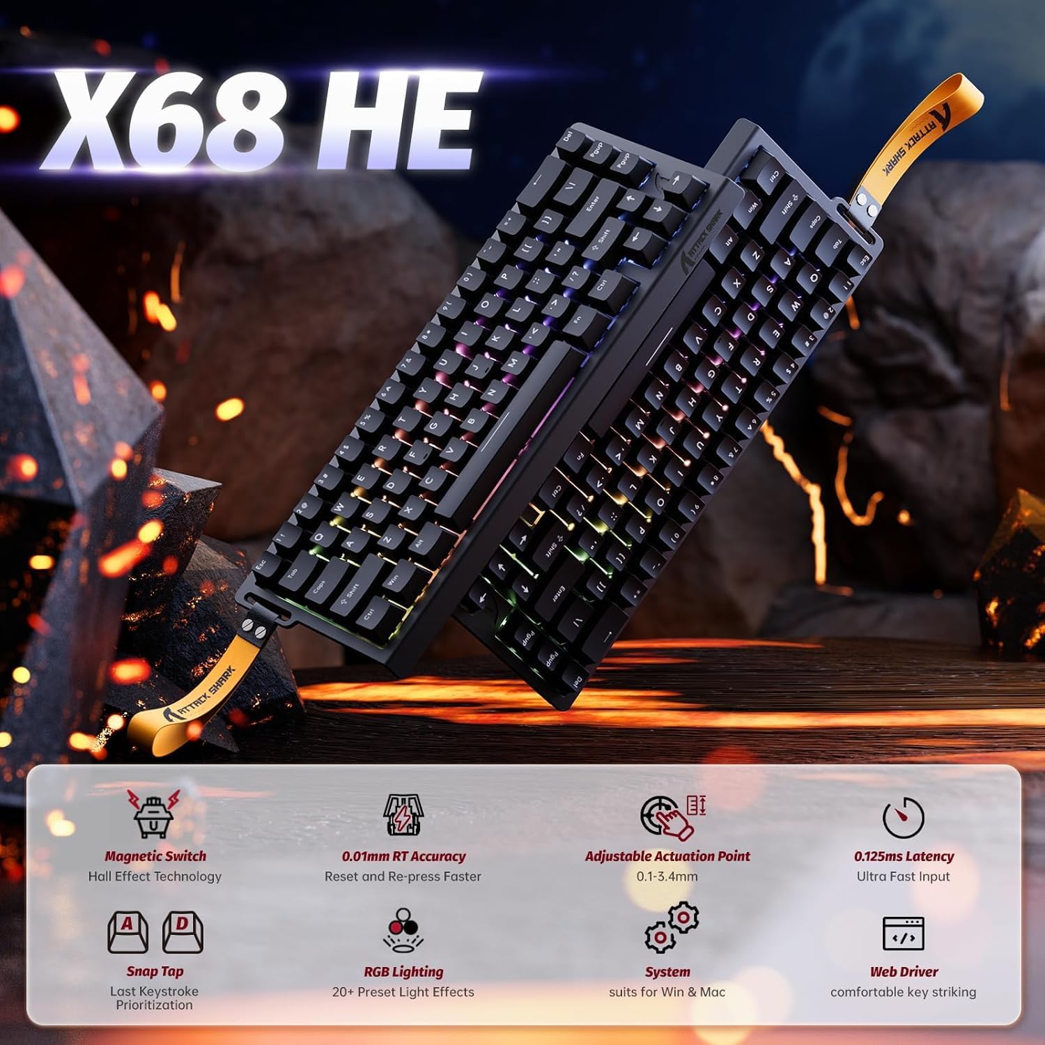 Clavier Gaming Magnétique ATTACK SHARK X68HE 60% avec Rapid Trigger et 8000Hz - لوحة مفاتيح المغناطيسية - 8
