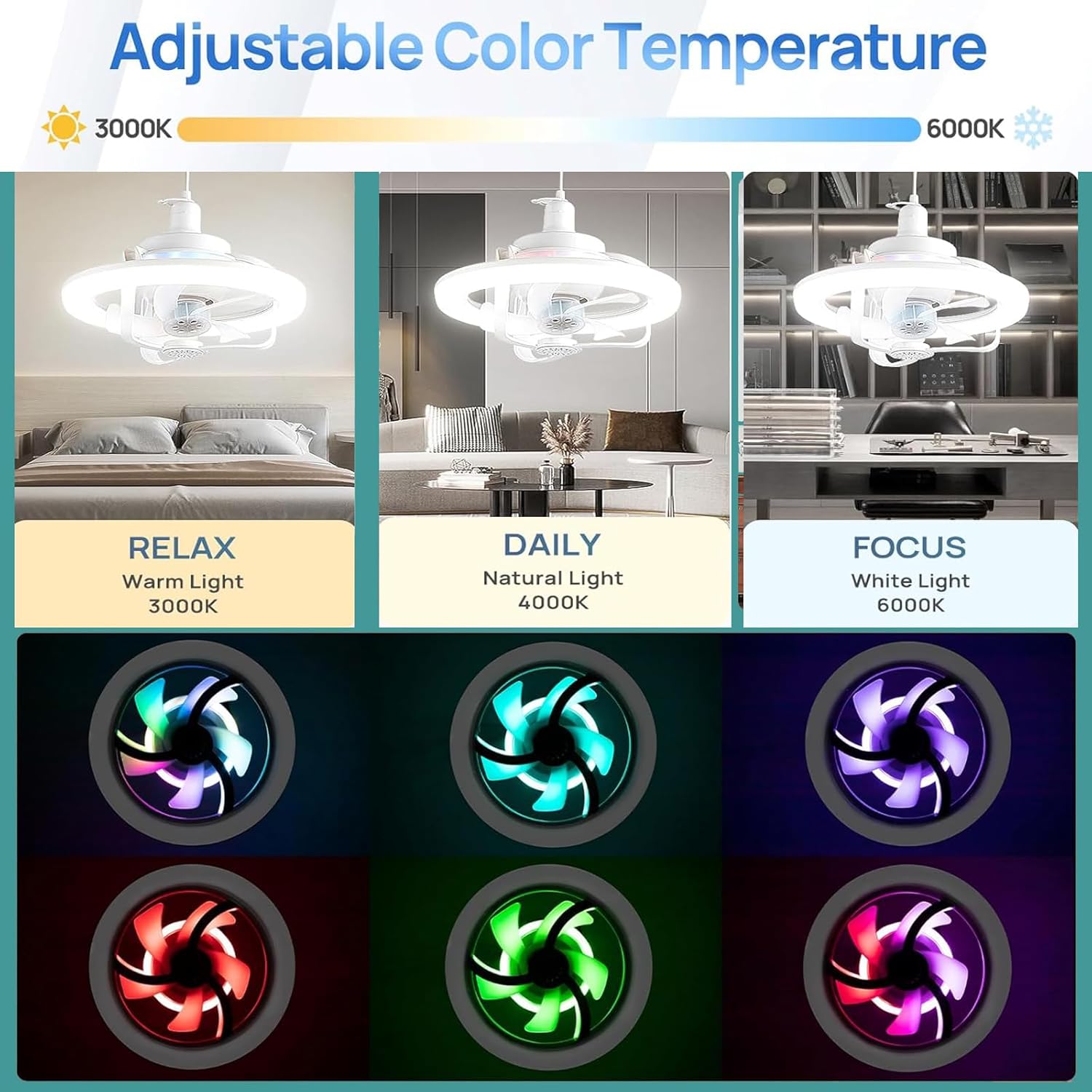 Ventilateur de Plafond Lumineux E27 avec Éclairage RGB et Télécommande - مروحة السقف الذكية إضاءة ملونة مع ريموت - 10