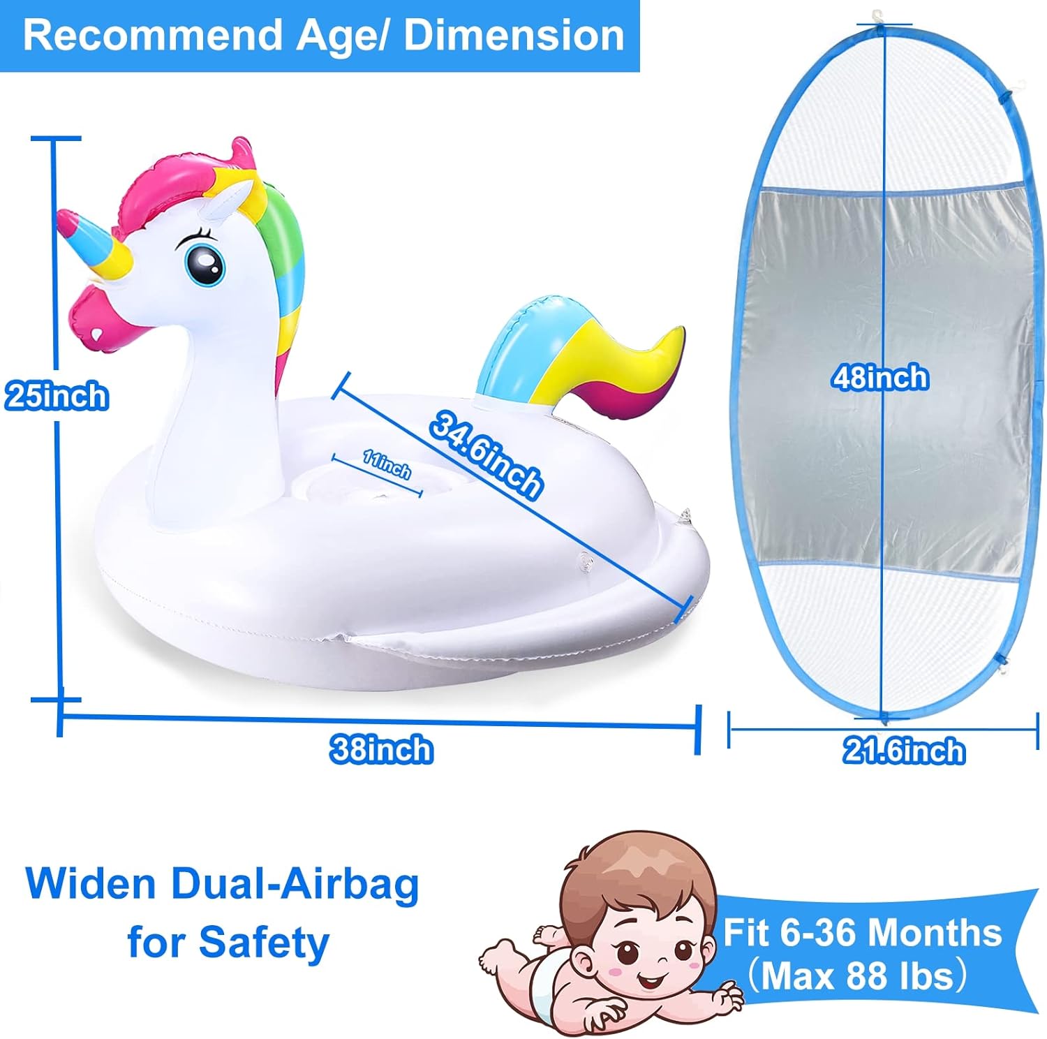 Bouée Flotteur Licorne pour Bébé avec Parasol Anti-UV - عوامة المسبح للأطفال بتصميم وحيد القرن مع مظلة حماية - 2